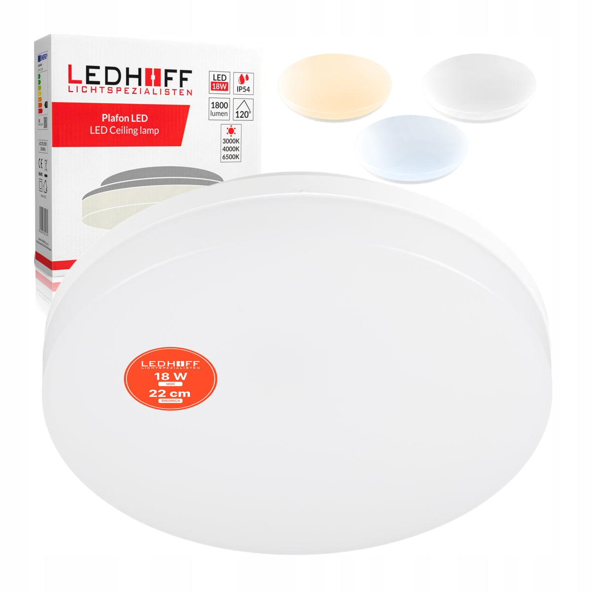 Plafon LED Lampa Sufitowa CCT Biała Ciepła Zimna 22cm IP54 18W Zewnętrzny okrągła oprawa z wbudowanym źródłem światła