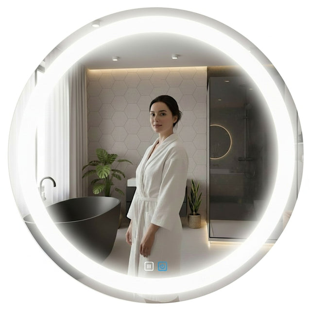 Lustro Podświetlane LED Łazienkowe Okrągłe 80 cm 3 Barwy Funkcja Anty Para ścienne bezramowe, tafla szkła 4 mm