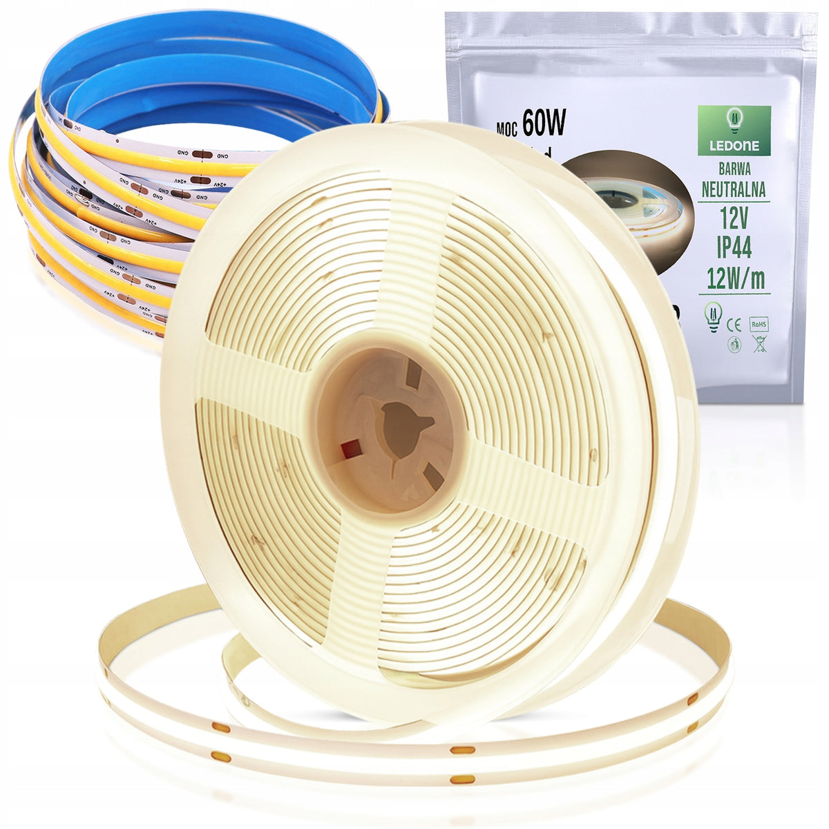 Taśma LED COB 12V 12w/m ip44 neon neutral 5m linia pasek świetlny, dekoracyjne podświetlenie mebli i wnęk, 1200 lm, 60 w