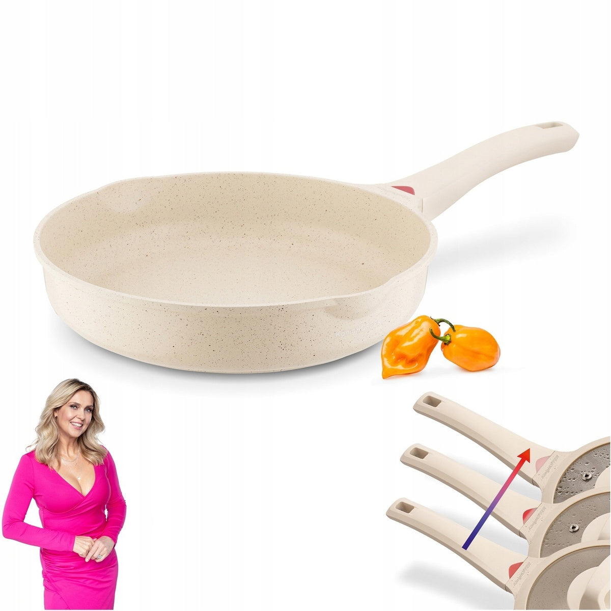Patelnia Indukcja GAZ Duża solidna Konighoffer Creamy Marble 28 cm okrągła do smażenia, powłoka nieprzywierająca