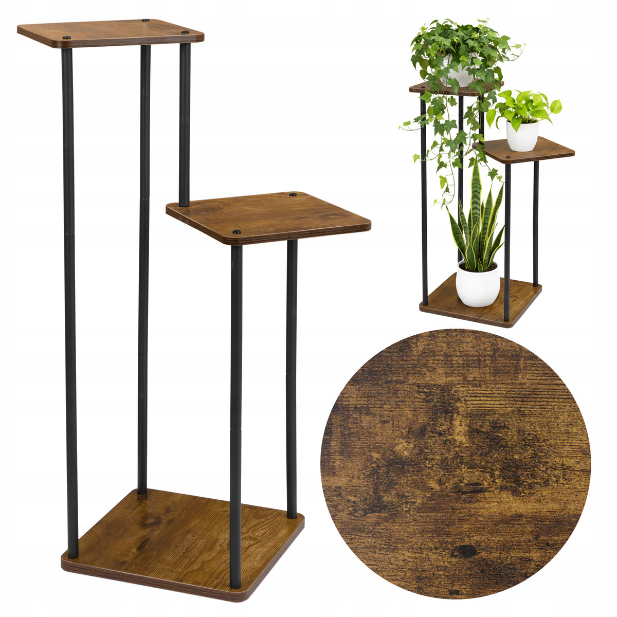Kwietnik stojący metalowy industrialny loft rustic na 3 doniczki kwiaty stojak na rośliny, 81 cm, brązowo-czarny