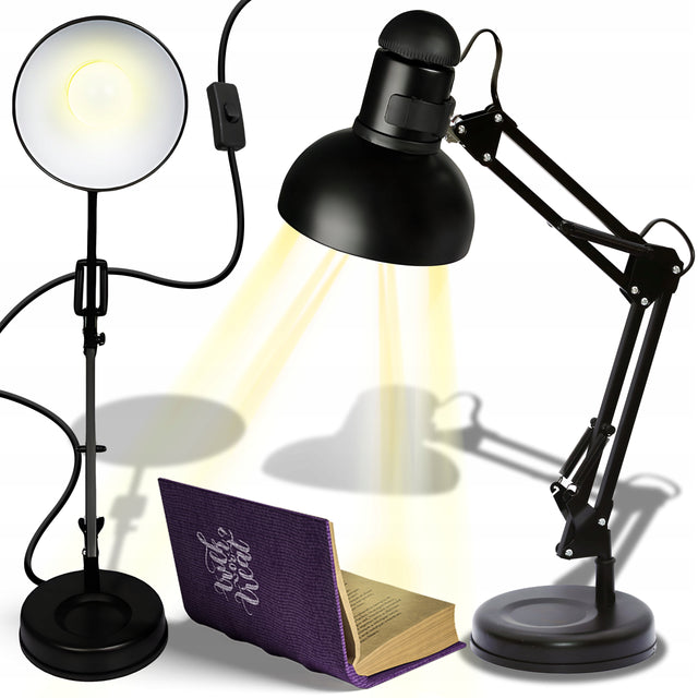Lampka na biurko biurkowa lampa nocna kreślarska regulowana uchwyt E27 LED do czytania i nauki, czarna, bez żarówki, klosz 15 cm, wysokość 50 cm