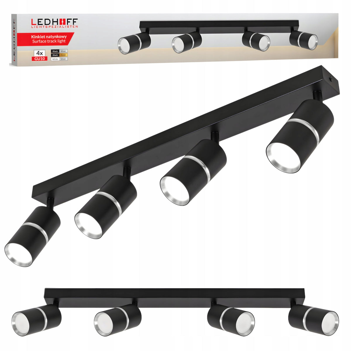 Lampa sufitowa LED szyna SPOT oprawa halogenowa 4x GU10 TUBA CZARNA srebrna aluminiowa listwa oświetleniowa, 4 punkty