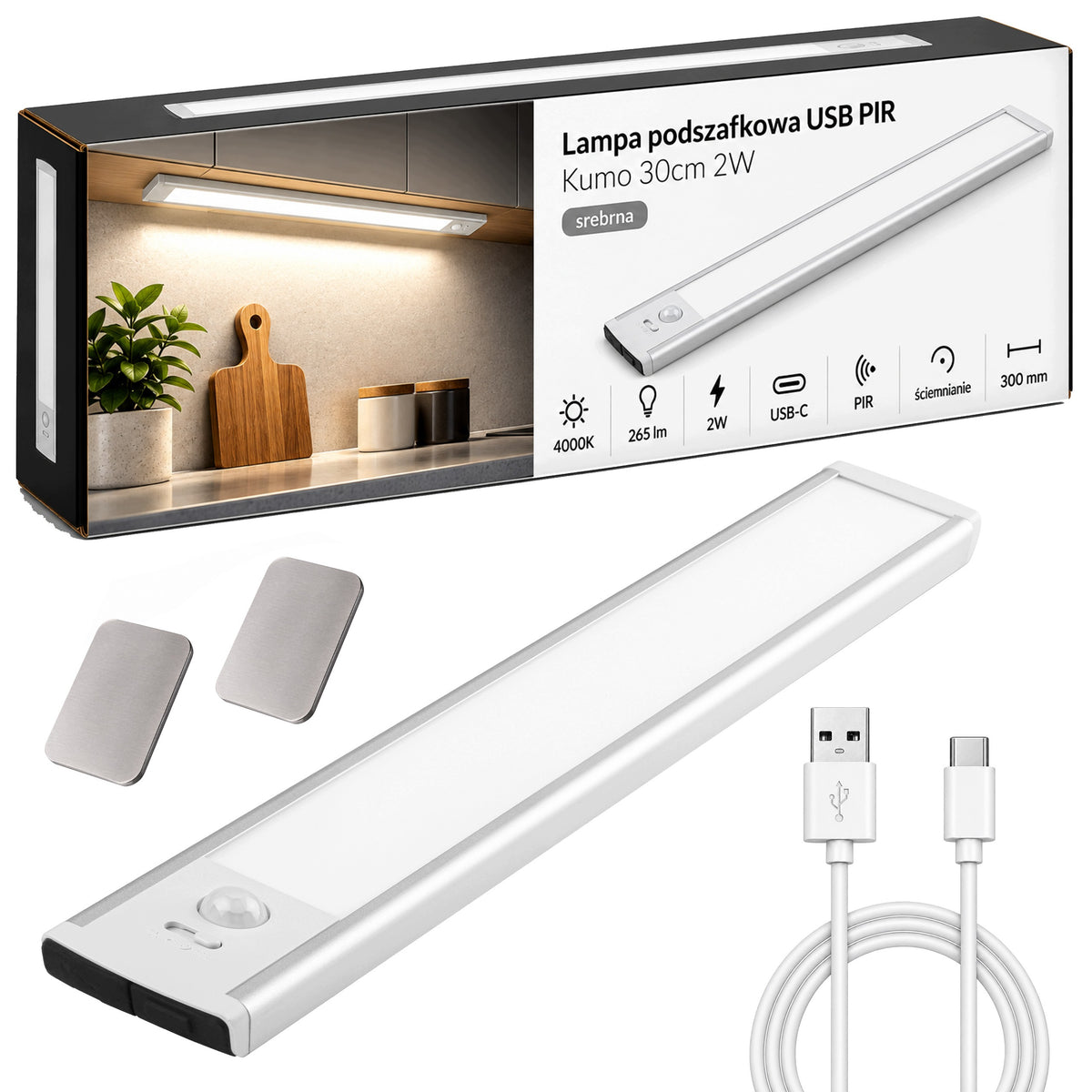 Lampka nocna LED 30cm z czujnikiem ruchu lampa podszafkowa do mebli srebrna oprawa akumulatorowa USB światło neutralne