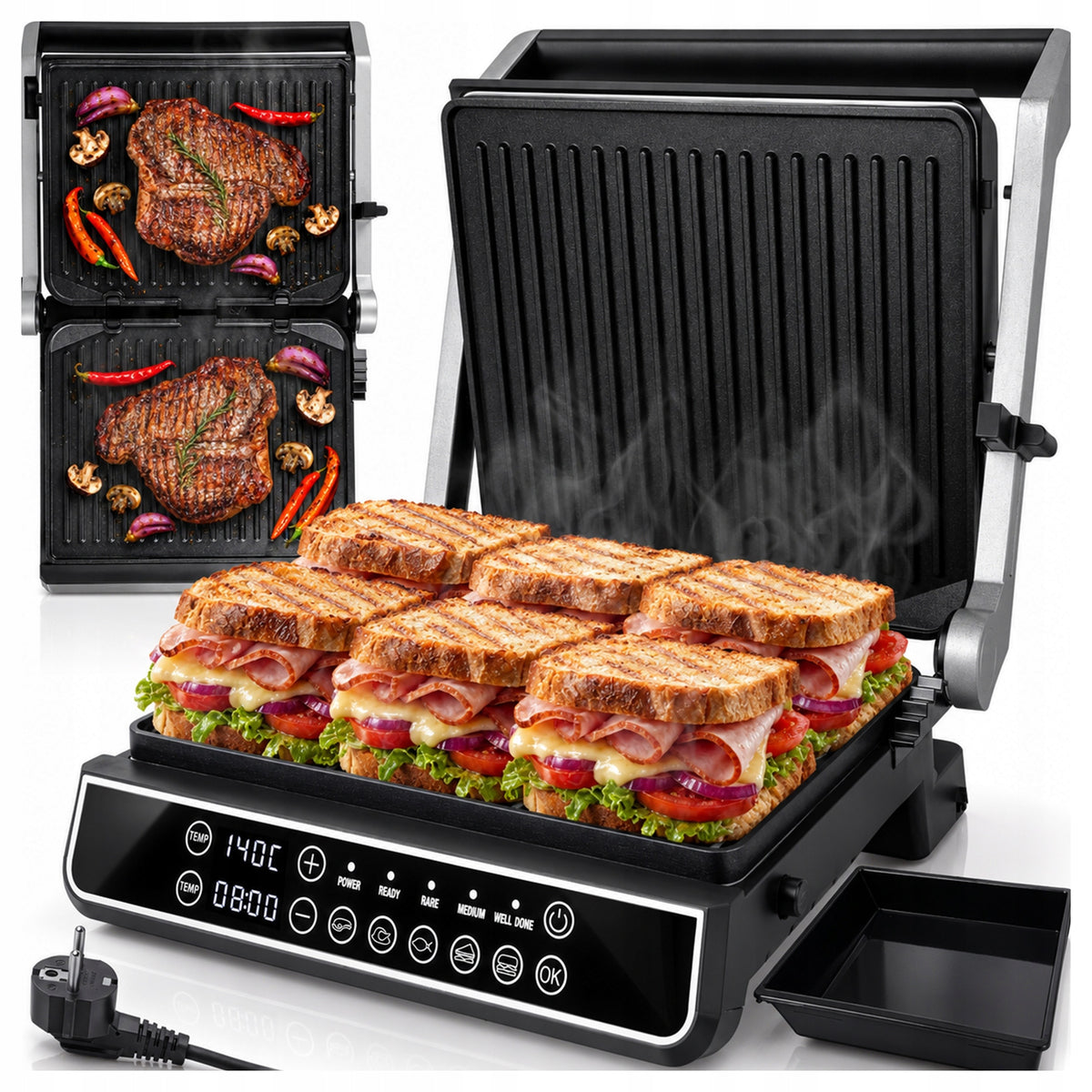Opiekacz grill elektryczny toster do kanapek rozkładany 2500W wyświetlacz nominalna srebrny/szary