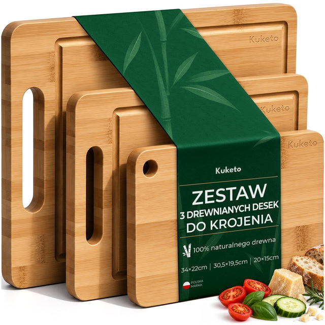 Deska do krojenia drewniana duża bambusowa taca do serwowania zestaw 3 SZT prostokątne 34 x 22 cm, brązowe do kuchni i podawania potraw
