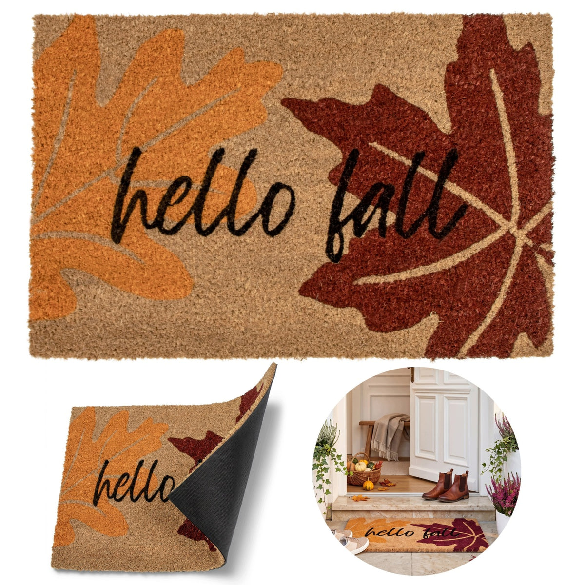 Wycieraczka pod drzwi napis hello fall 60x40 CM mata wejściowa powitalna kokosowa, beżowa, grubość 20 mm