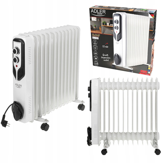 Grzejnik elektryczny olejowy 13 żeber energooszczędny 2000W kółka Regulacja 360 mm 385 mm grzewcza biały