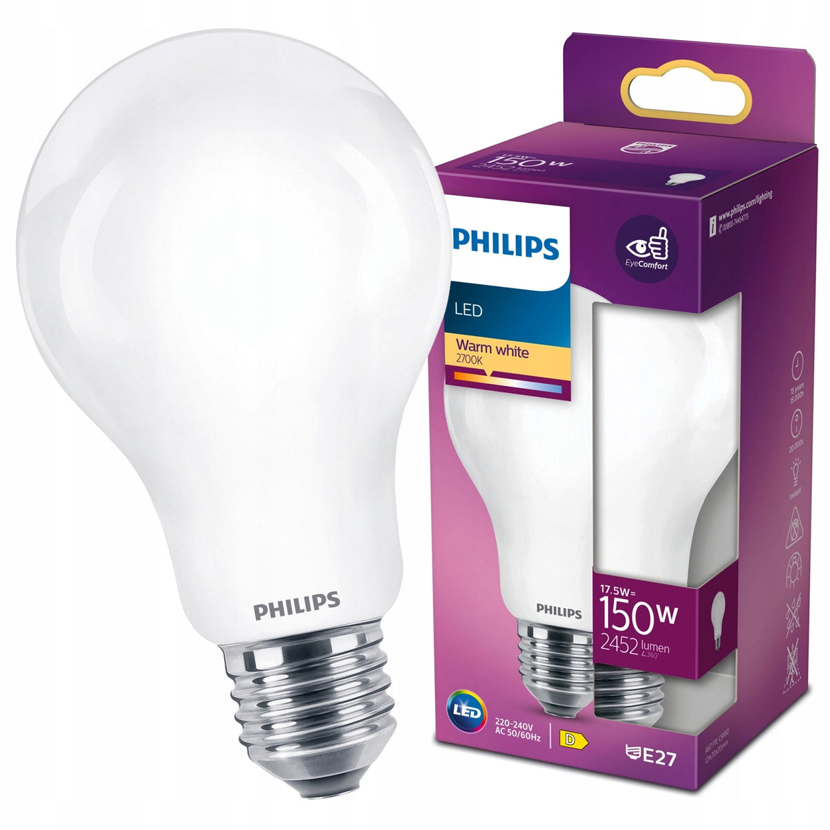 Żarówka LED E27 filament 17.5W 150W 2452lm 2700K barwa ciepła mocna philips żarnik, klasyczny kształt, do lamp i opraw