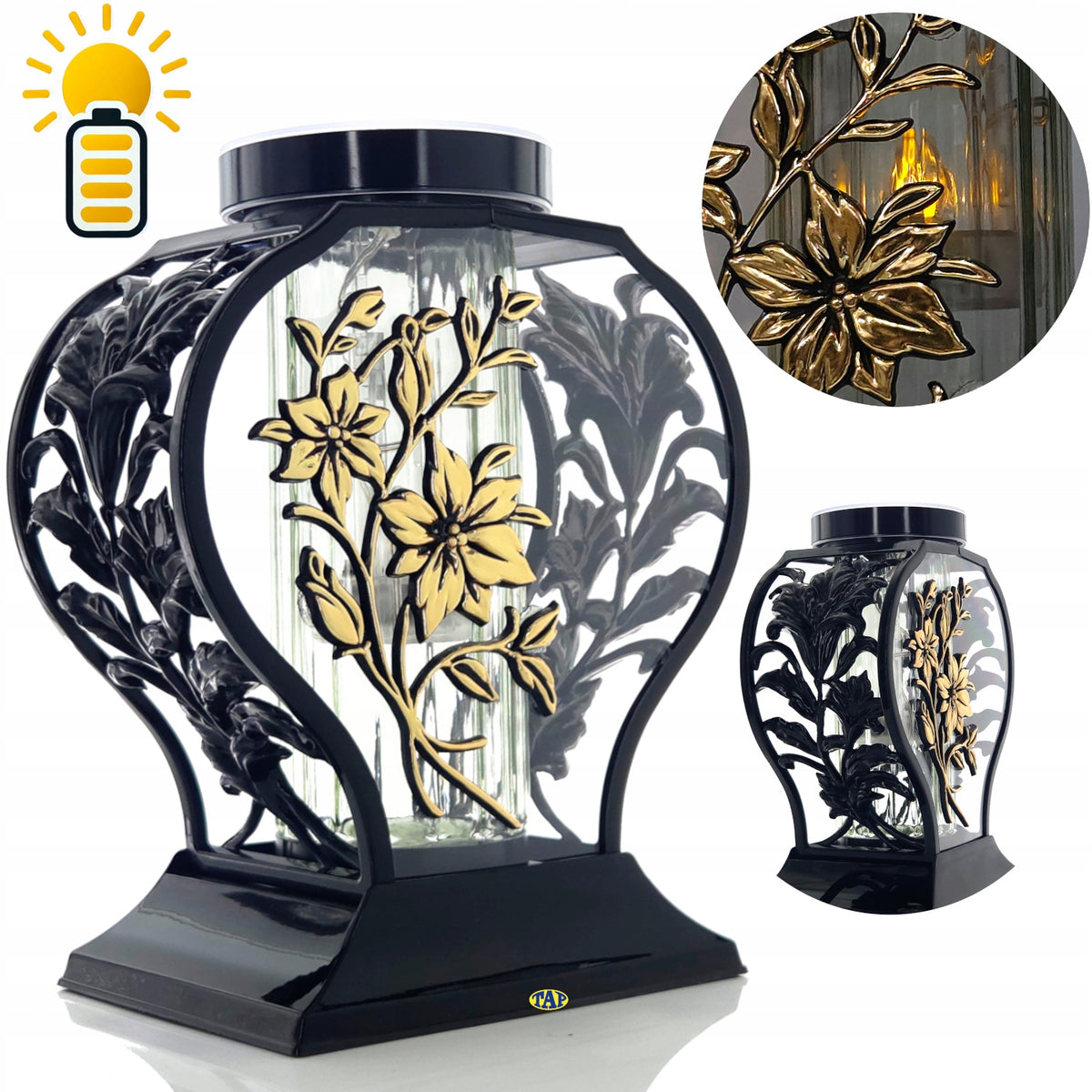 Znicz Solarny LED Lilia Lampion fotowoltaiczny ciężki efekt płomienia na grób, cmentarny, dekoracja nagrobna, 31 cm