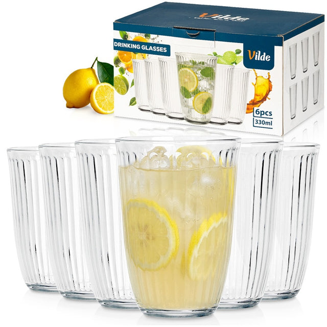 6x Szklanki do napojów wody drinków zestaw komplet szklanek szklanka 330 ml przezroczyste szkło, nadające się do zmywarki