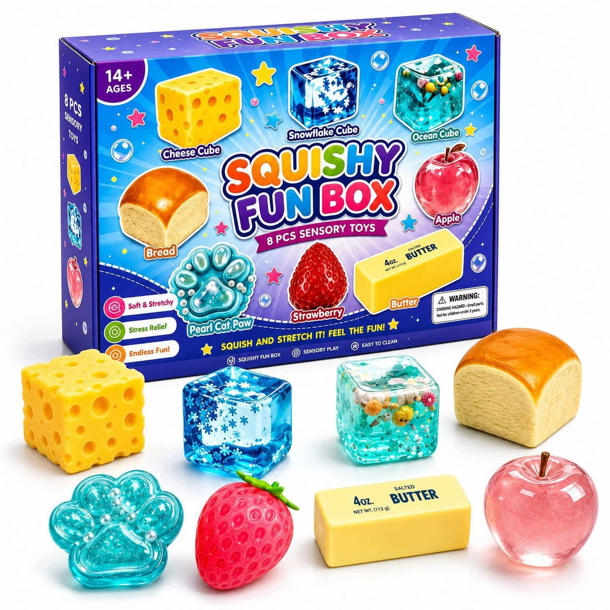 Zestaw 8 szt. zabawek antystresowych Squishy – Mystery Box, niespodzianka stojący