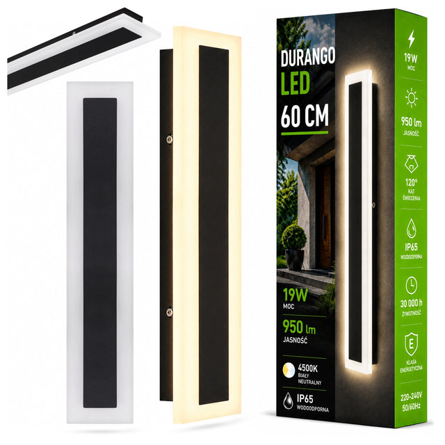 Lampa elewacyjna ogrodowa kinkiet zewnętrzny IP65 ścienny 19W LED 60cm czarna oprawa metalowa do fasady, tarasu i wejścia