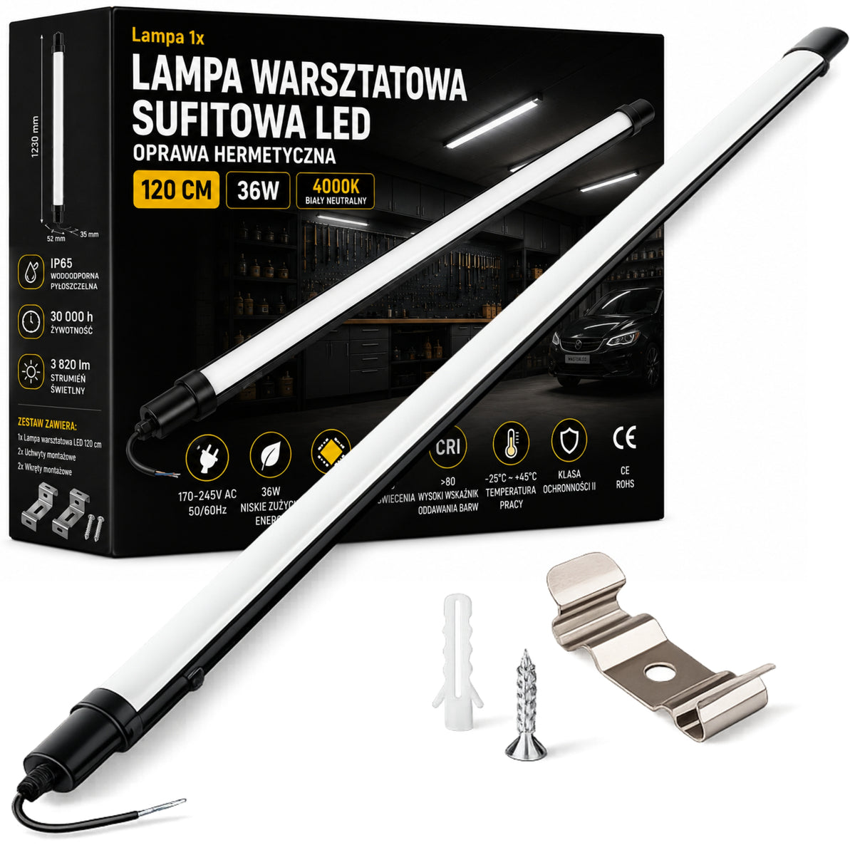 Lampa Sufitowa LED Warsztatowa Garażowa 120cm 36W 4000K mocna IP65 oprawa belka świetlna do piwnicy i magazynu