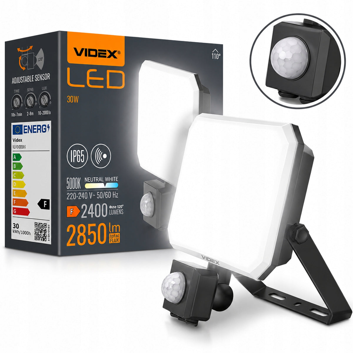 Naświetlacz LED z Czujnikiem Ruchu Halogen Reflektor Lampa 30W 2850lm 5000K oprawa zewnętrzna IP65, biały neutralny do
