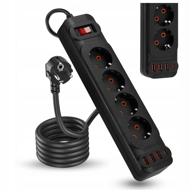 Przedłużacz Listwa Zasilająca Sieciowa 4 Gniazda 230V 5m 4x USB a Ładowarka rozgałęźnik elektryczny z uziemieniem, przewód gumowy 1,5 mm²