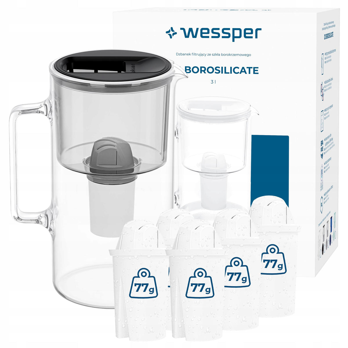 Dzbanek filtrujący szklany Wessper D2 borosilicate 3l czarny + 6x filtr