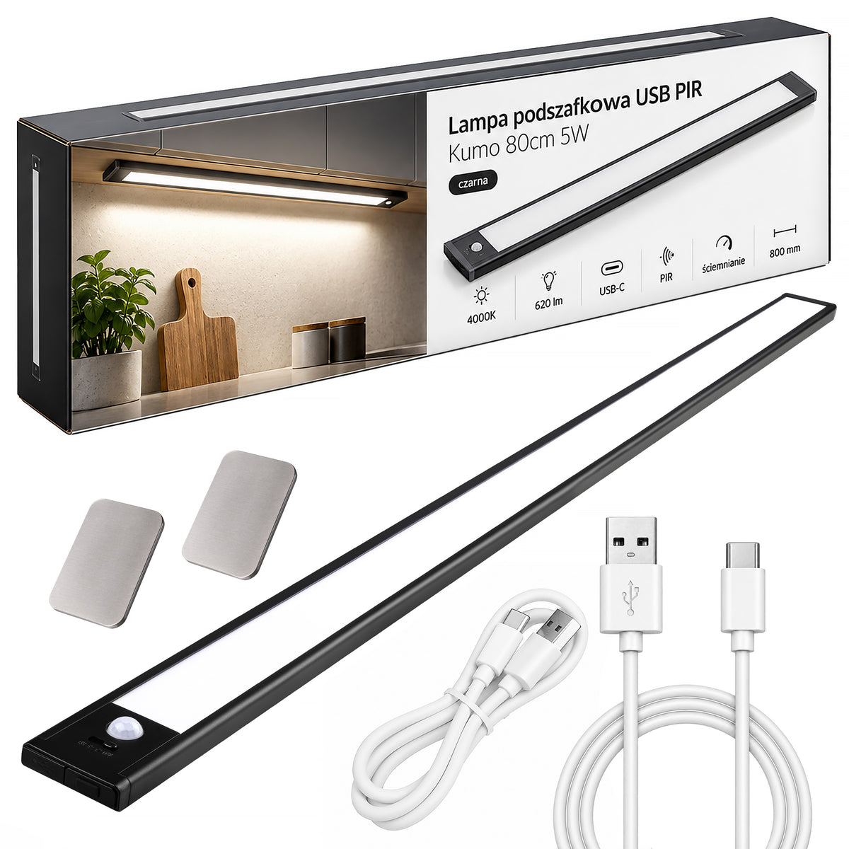 Lampka nocna LED 80cm z czujnikiem ruchu lampa podszafkowa do mebli czarna oprawa akumulatorowa USB, 620 lm, białe