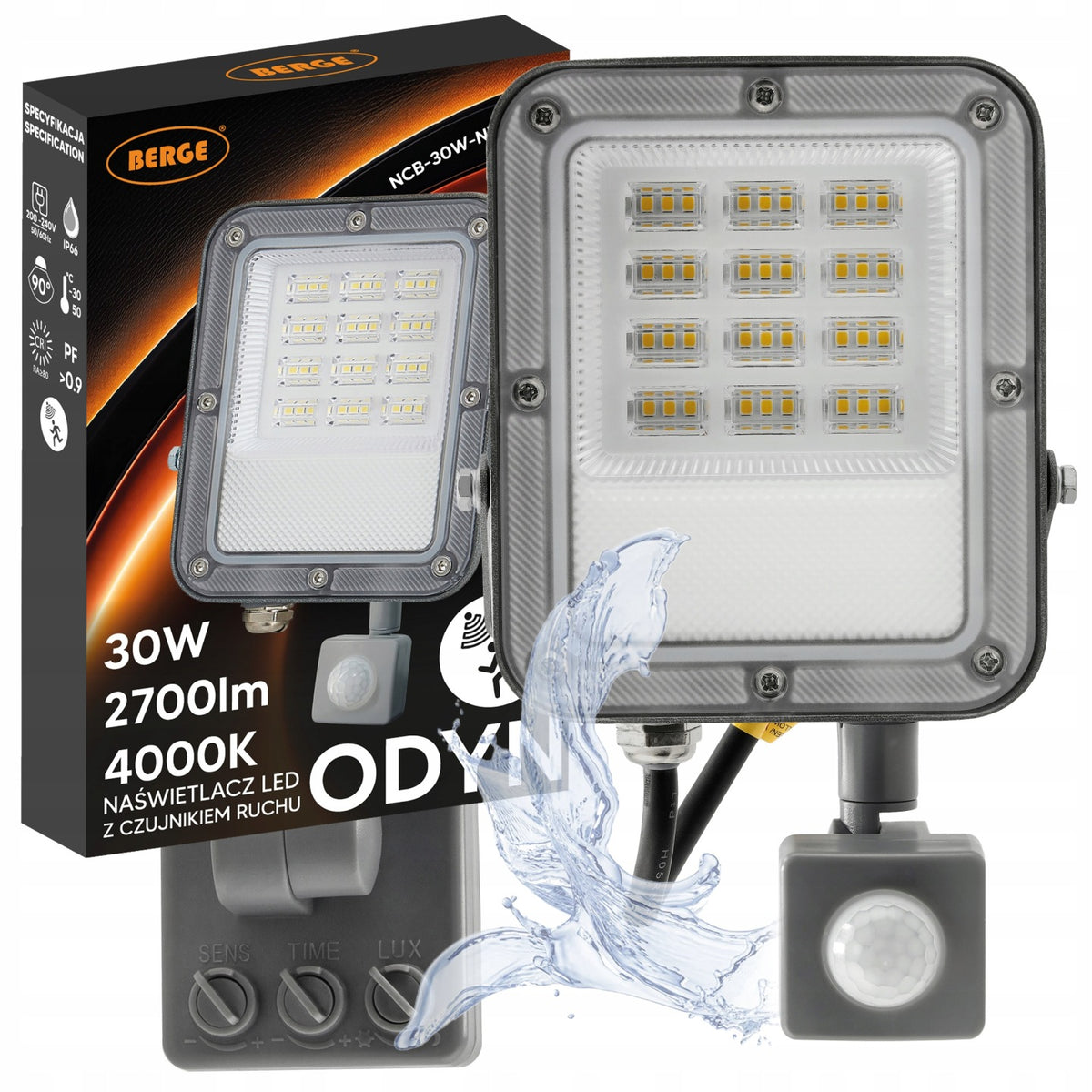 Halogen LED z Czujnikiem Ruchu Naświetlacz Lampa 30W 2700lm Premium Czujka reflektor zewnętrzny IP66 światło neutralne