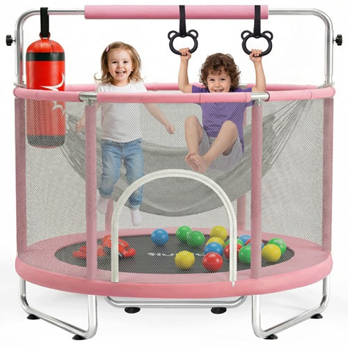 Trampolina dla dzieci domowa z siatką ochronną akcesoriami różowa do skakania, okrągła 140 cm, obciążenie 200 kg, 36 sprężyn do zabawy, rekreacyjna