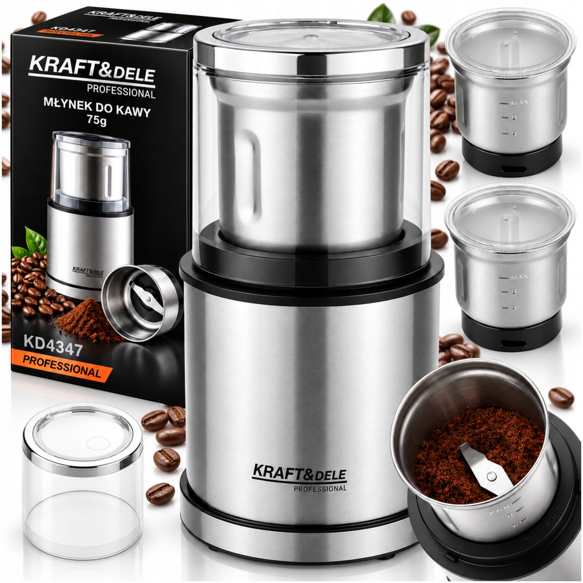Młynek do mielenia kawy orzechów przypraw grinder elektryczny 300W ostrza 75 g 300 w metal