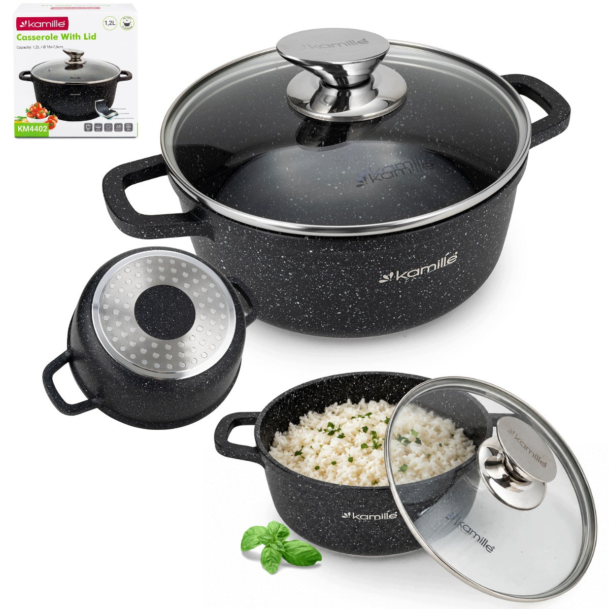 Garnek garnuszek 1,2 L tradycyjny marmurowy pokrywa indukcja GAZ kamille aluminiowy do zupy i sosów, czarny, do