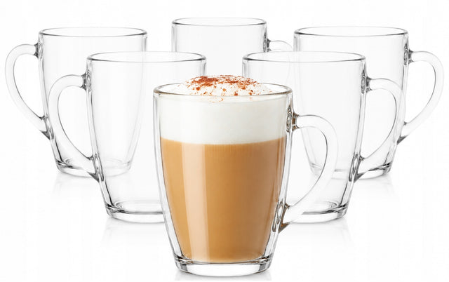 Szklanki z Uchem 375 ml 6 Szt Duże Kubki Do Kawy Herbaty Latte Napoje Soki szkło bezbarwne, do cappuccino, można myć w zmywarce