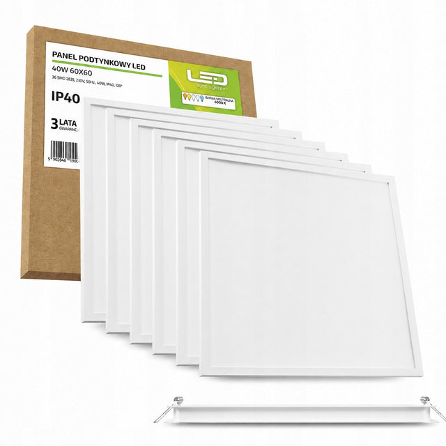 6x Panel LED 40W Wpuszczany Amstrong 60x60 Lampa Sufitowa LED IP40 oprawa rastrowa do biura, kwadratowa, biała, ze zintegrowanym źródłem światła