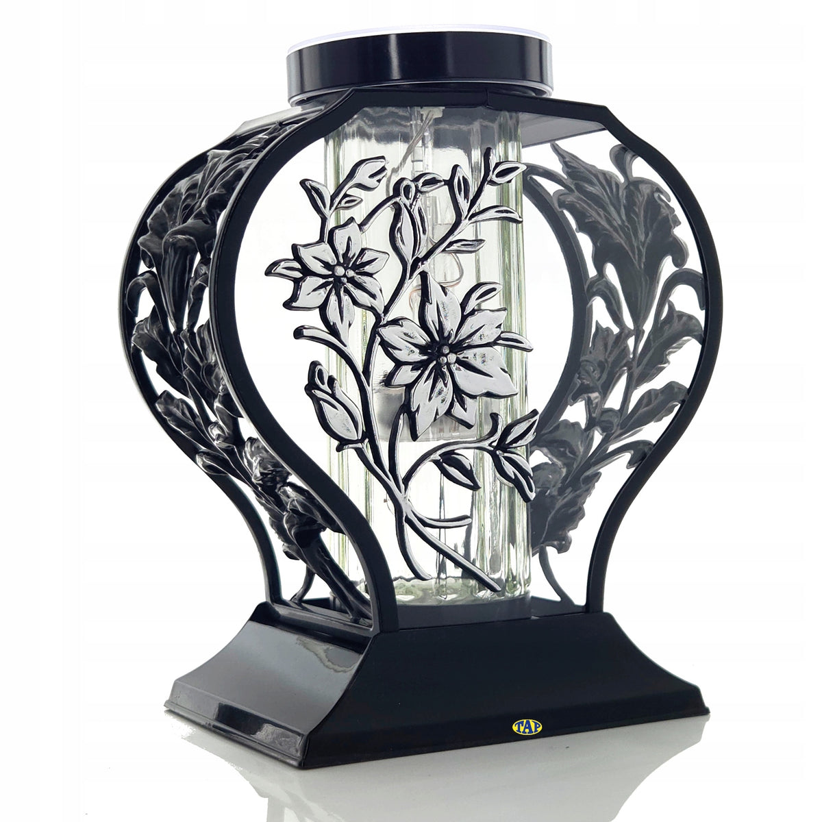 Znicz Solarny LED Lilia Lampion fotowoltaiczny ciężki efekt płomienia na cmentarz, nagrobny, wysokość 31 cm, świecenie