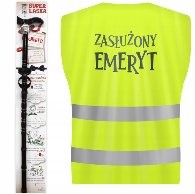 Zestaw emeryta laska z dzwonkiem i kamizelka odblaskowa zabawny prezent dla dziadka i taty, upominek z nadrukiem