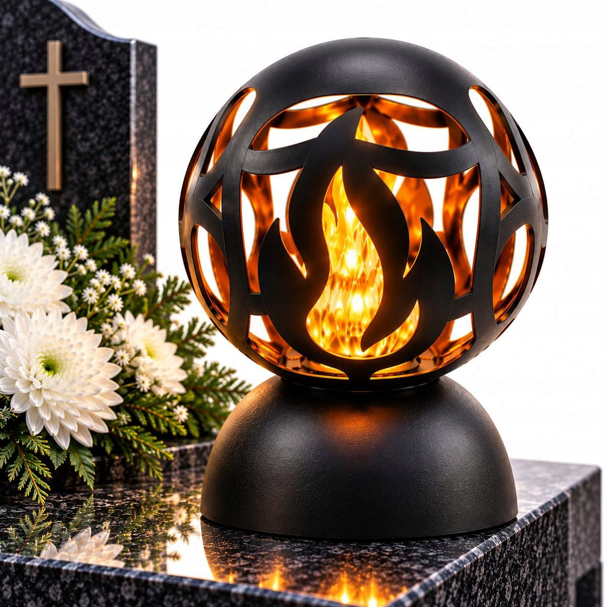 ZNICZ LED DUŻA KULA PŁOMIEŃ 25 CM CZARNY ELEGANCKA DEKORACJA NA CMENTARZ lampion nagrobny, oświetlenie grobu, świeca