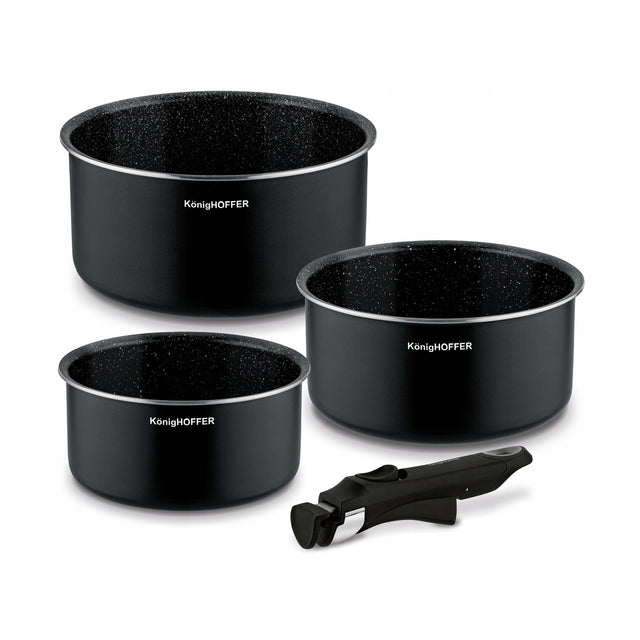 Zestaw garnków z odpinaną rączką na GAZ Konighoffer Spinel Black 4 el aluminiowe naczynia non-stick do kuchni ceramicznej i elektrycznej