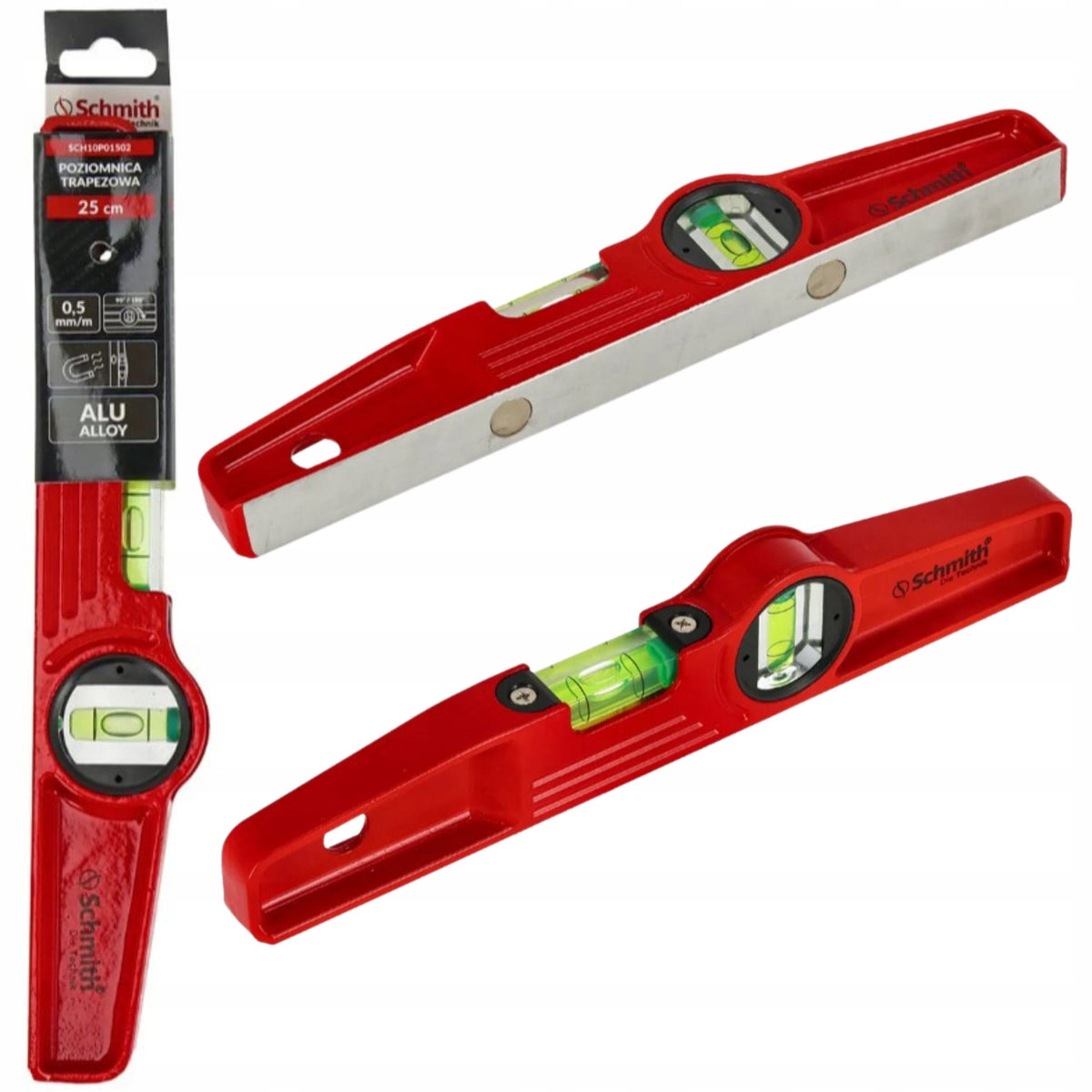 Poziomica aluminiowa mała 25cm 2 libelle trapezowa z magnesem schmith poziomnica do kontroli pionu i poziomu, narzędzie