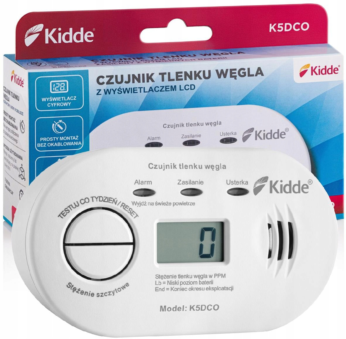 Czujnik czadu Kidde K5DCO wyświetlacz LCD detektor tlenku węgla, alarm CO bezprzewodowy