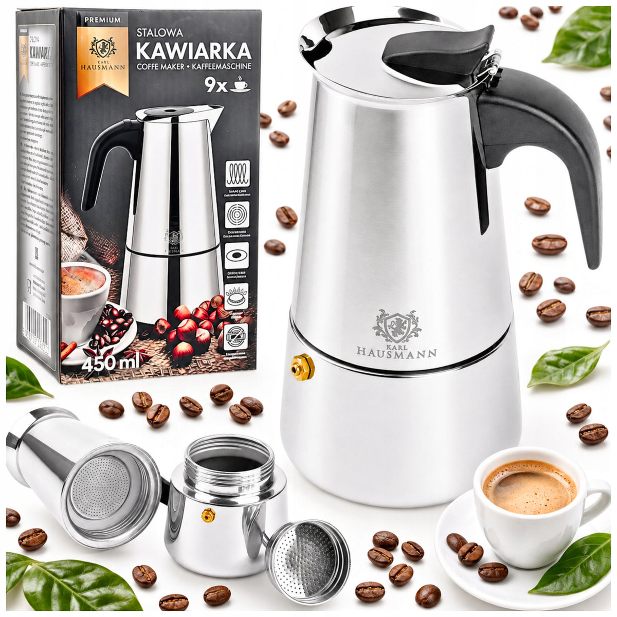 Kawiarka zaparzacz do kawy herbaty 450ml stalowa na GAZ 9 filiżanek 450 ml czarny, szary