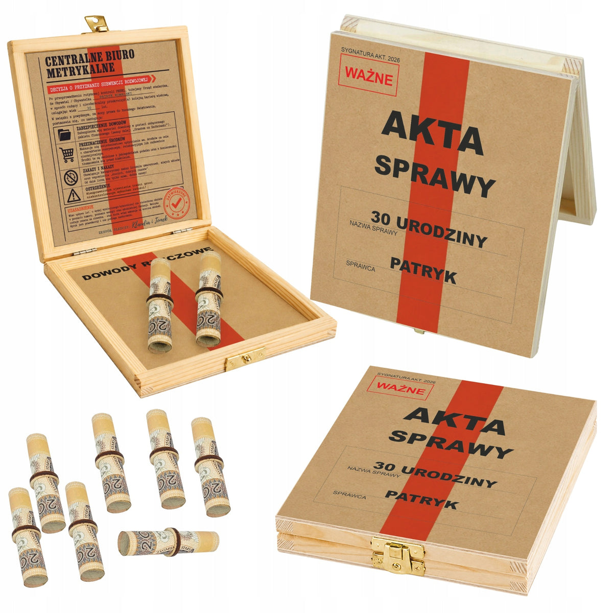 Prezent na urodziny AKTA SPRAWY na pieniądze 18 30 40 50 60 70 lat personal teczka banknotowa, zastrzyk finansowy