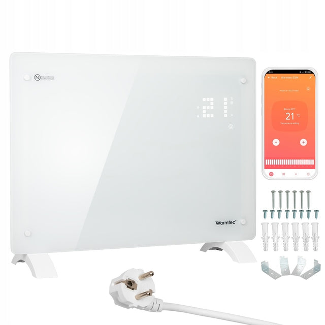 Grzejnik elektryczny ścienny szklany energooszczędny 1,5 kW WiFi EGW-15B 650 mm 470 mm grzewcza biały