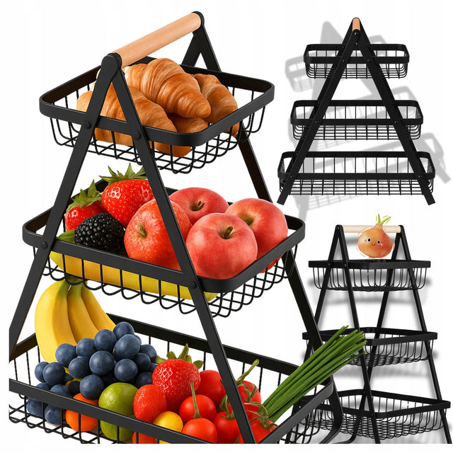 Kosz na owoce Koszyk na Warzywa Stojak Piętrowy Czarny 3 Poziomy metalowy Organizer kuchenny na produkty spożywcze, 5 l, wysokość 47 cm