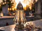 SZKLANY ZNICZ średni lampion FLAVIA CZARNY ZŁOTY + WKŁAD PARAFINOWY 36 h nagrobny, na cmentarz, dekoracja grobu, osłona