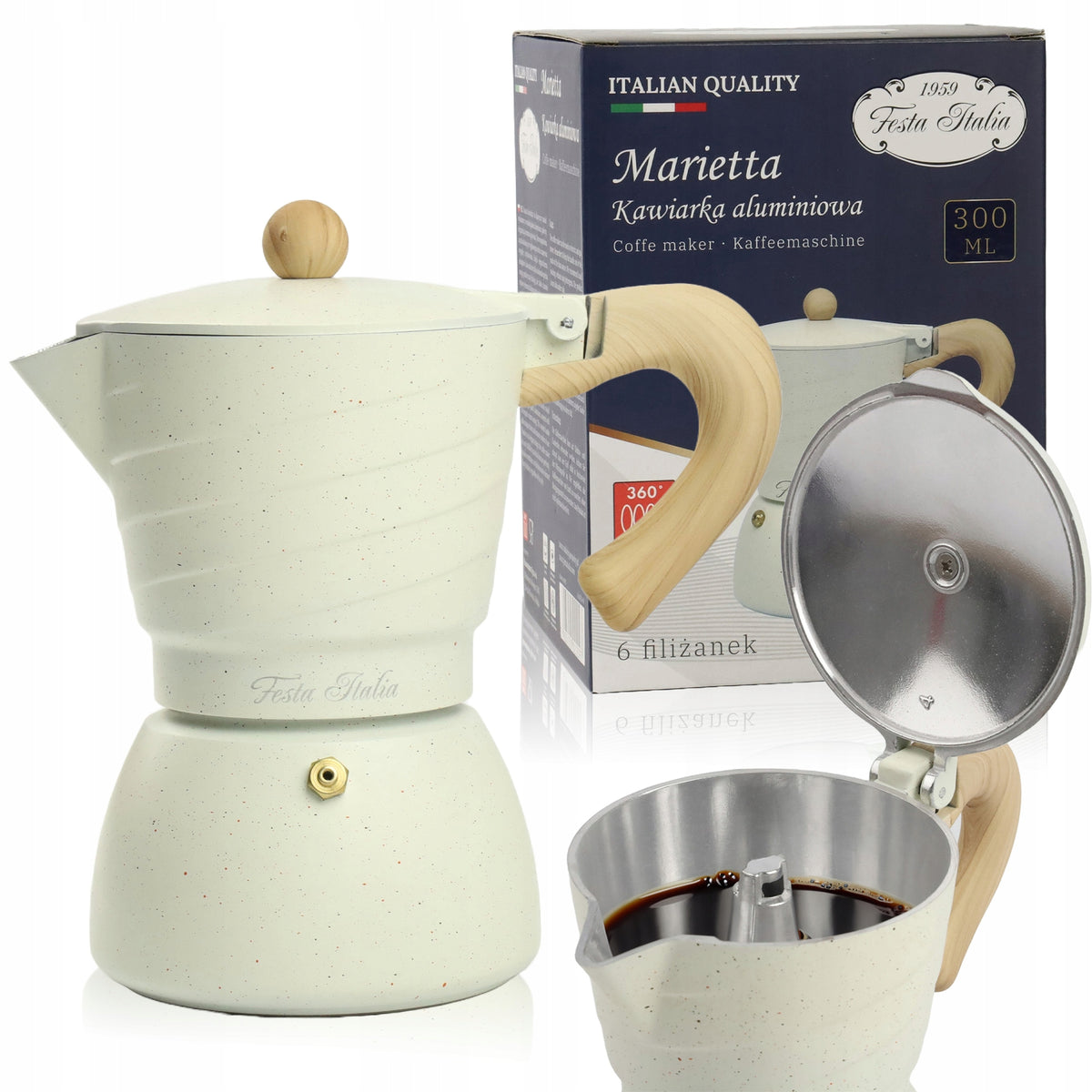 Kawiarka aluminiowa moka zaparzacz włoski do kawy na 6 filiżanek indukcyjna, 300 ml, beżowa, parzenie herbaty
