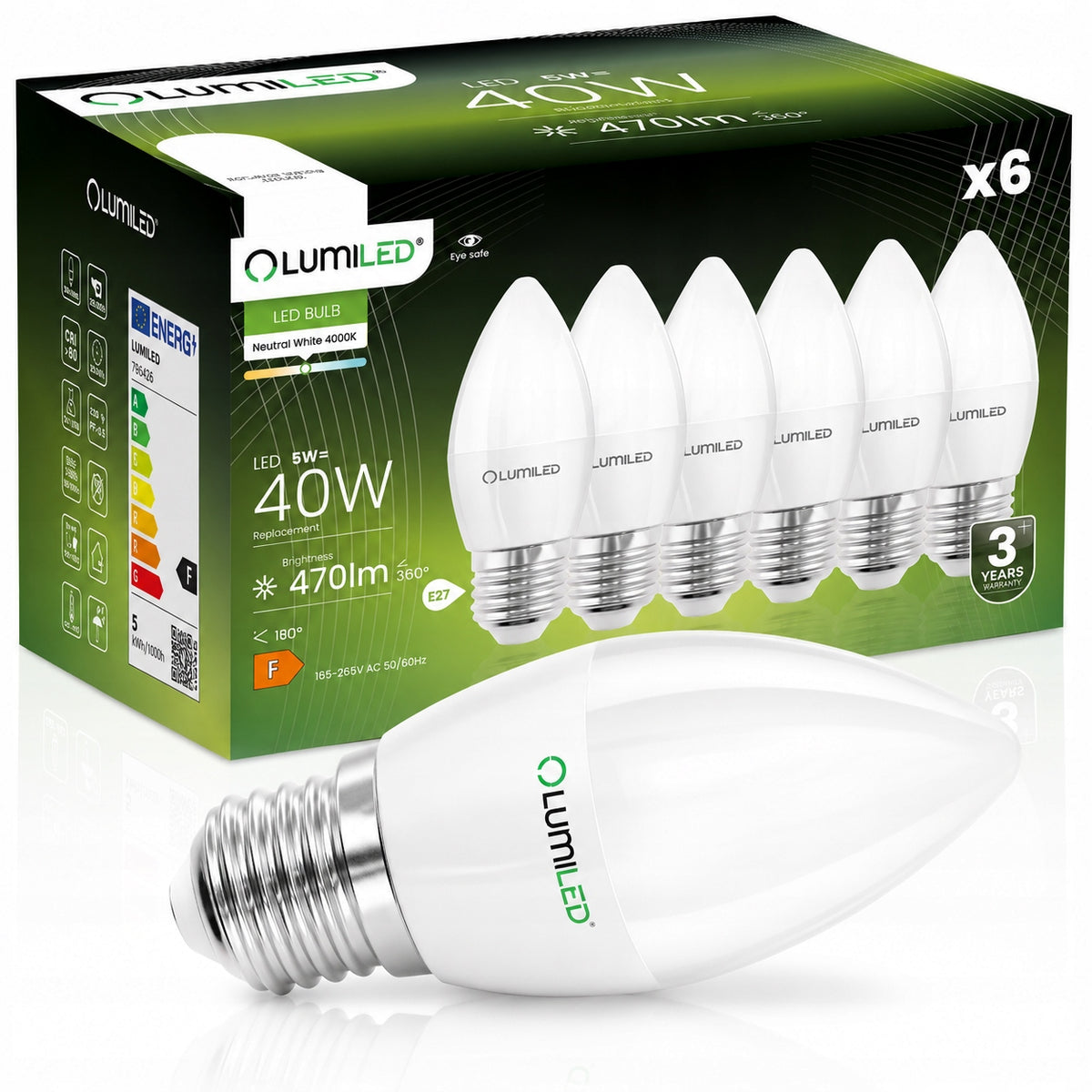 6x Żarówka LED E27 5W = 50W B35 4000K Neutralna lumiled NIE mruga premium świeczkowa do żyrandoli, kinkietów i lamp