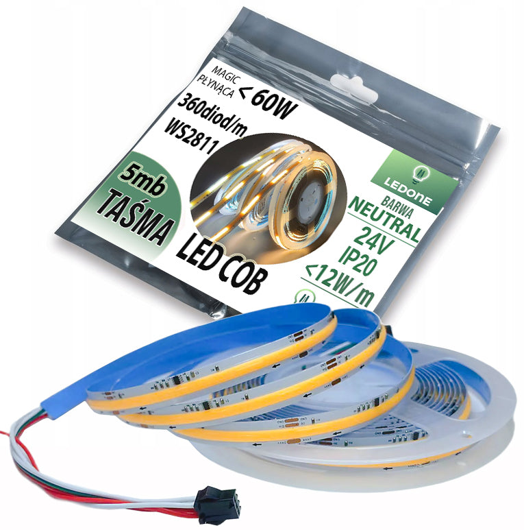 Taśma LED COB IP20 24V 360d Magic Pixel płynąca WS2811 cyfrowa 5m neutralna pasek świetlny, oświetlenie dekoracyjne do
