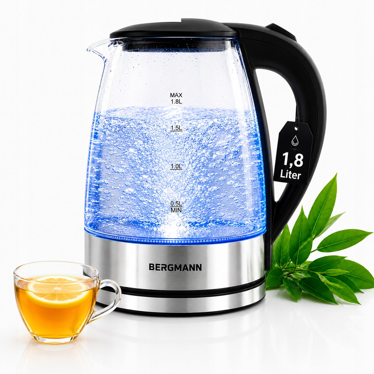 Czajnik Elektryczny Szklany 1,8l bergmann Bezprzewodowy 2200W LED 1.8 l 2200 w srebrny/szary szkło, tworzywo sztuczne