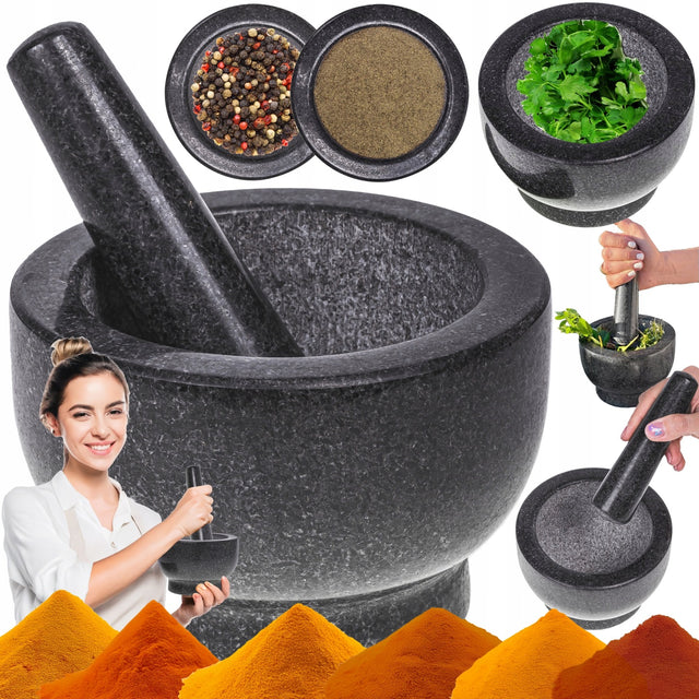 Moździerz granitowy kuchenny tłuczek do ucierania przypraw pesto ucierak kamienny rozdrabniacz ziół i nasion, czarny, 15 cm, do zmywarki