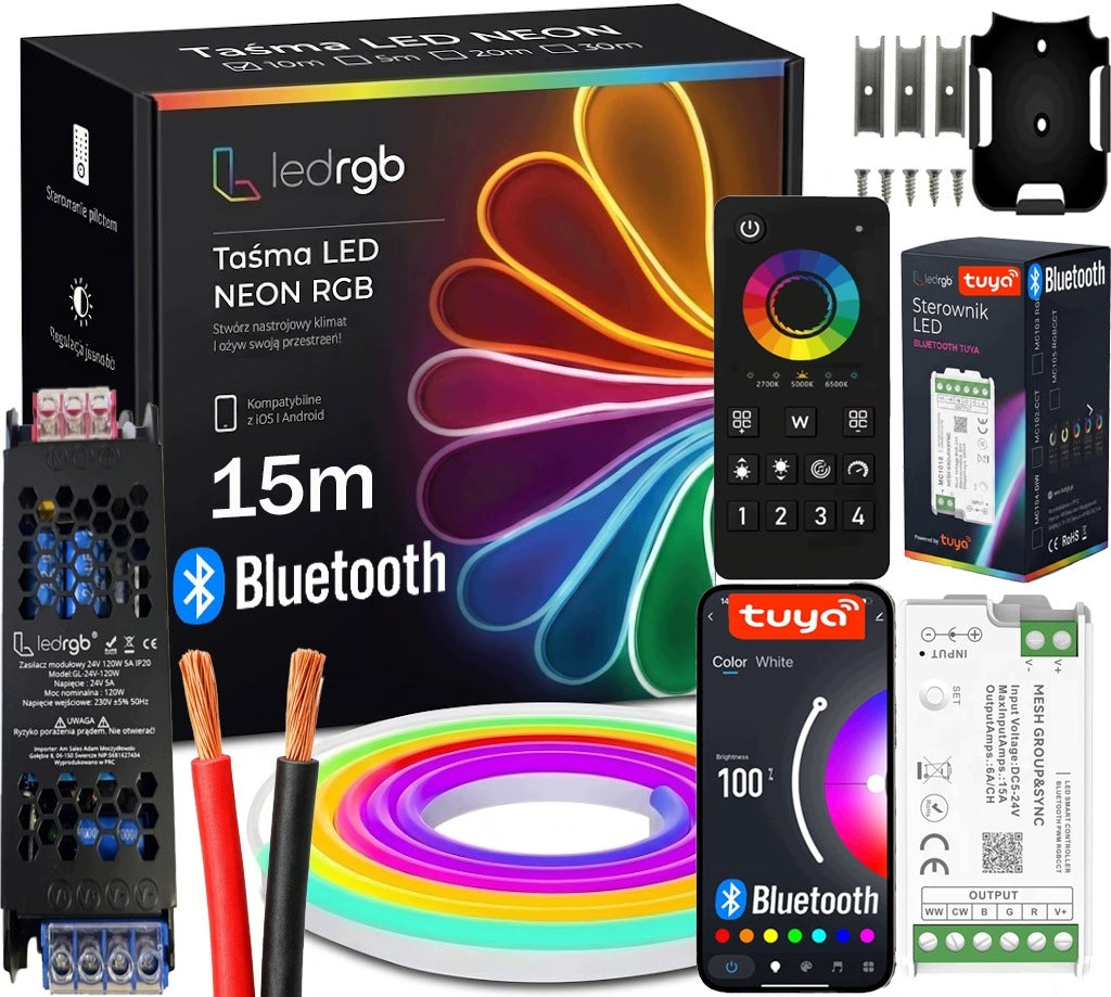 Zestaw taśma LED neon 15m RGB 1x15m aplikacja BT tuya pilot zasilacz montaż wielobarwna, ściemniana IP67 24V 120W do