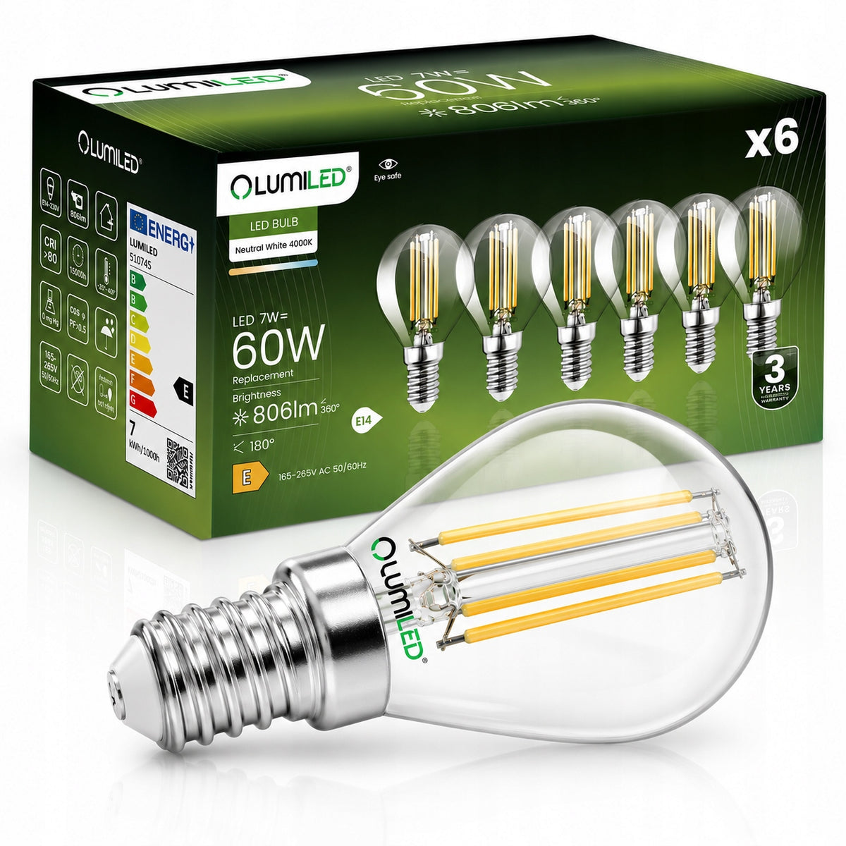 6x Żarówka LED E14 Kulka P45 7W = 60W 806lm 4000K Neutralna 360° filament źródło światła do lamp stołowych, kinkietów i