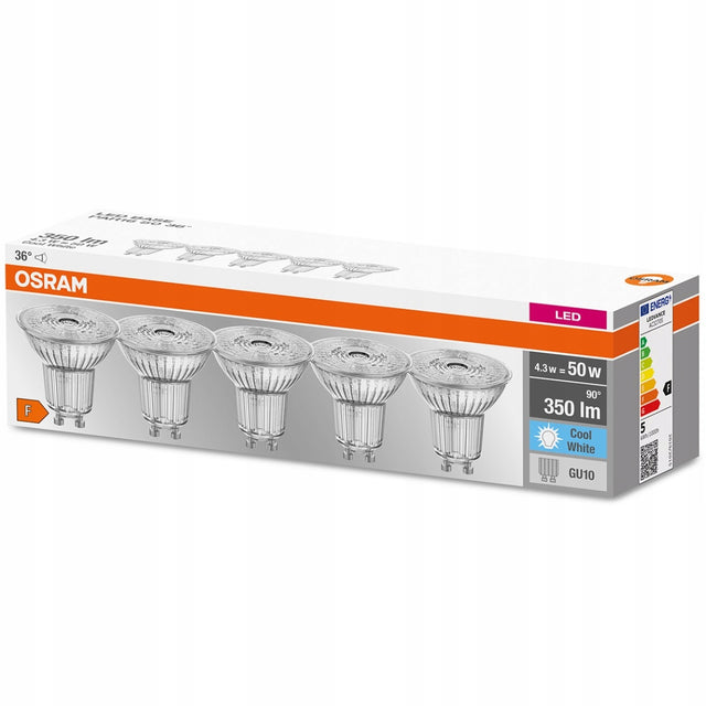 5PAK Żarówka LED GU10 4,3W = 50W 350lm 4000K Neutralna 36° osram Base reflektorowa do opraw punktowych, oświetlenie sufitowe