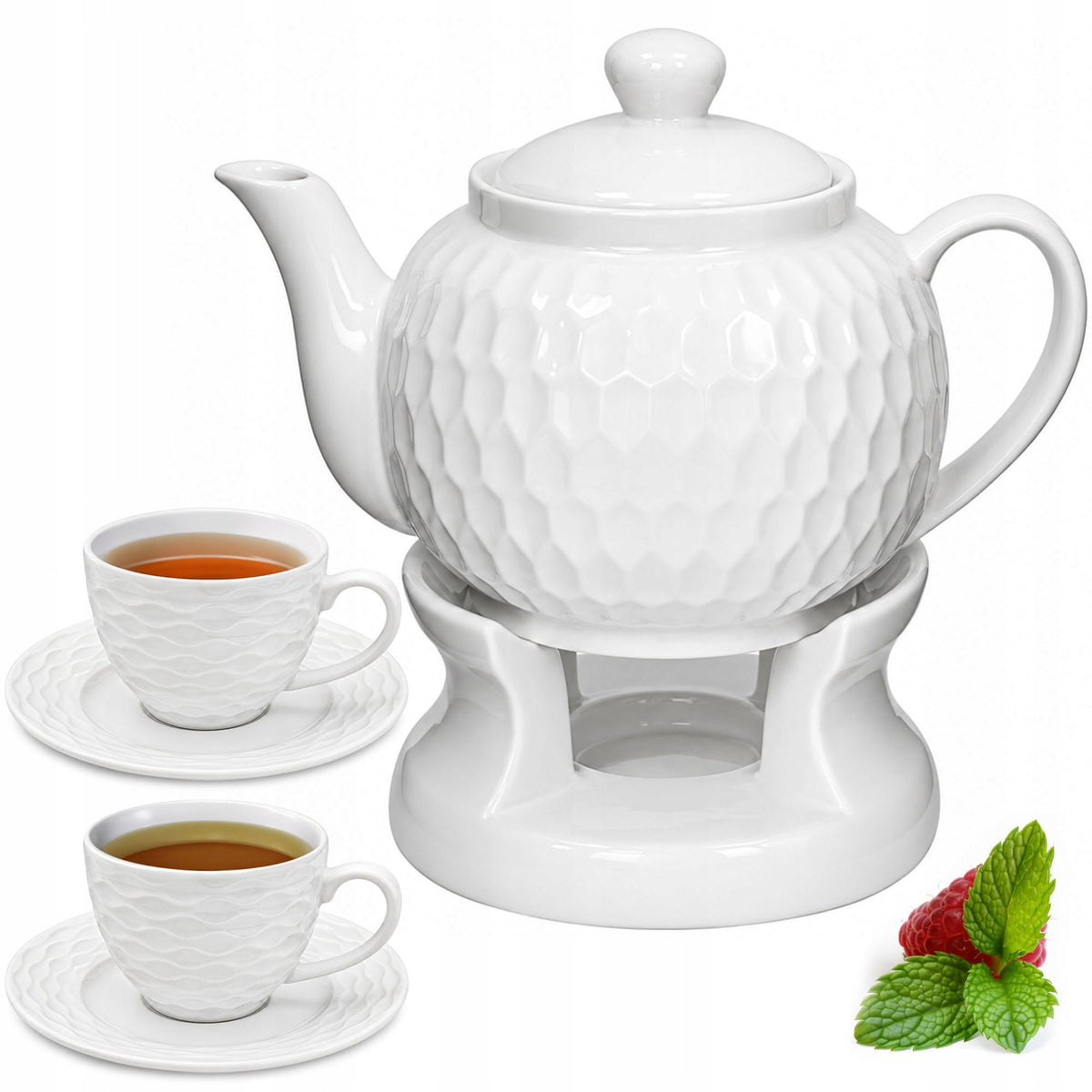 Komplet Dzbanek z Podgrzewaczem 900ml + Filiżanki 240ml Porcelana Zestaw imbryk do herbaty, czajniczek, 2 spodki