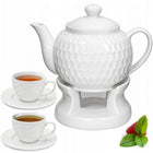 Komplet Dzbanek z Podgrzewaczem 900ml + Filiżanki 240ml Porcelana Zestaw imbryk do herbaty, czajniczek, 2 spodki