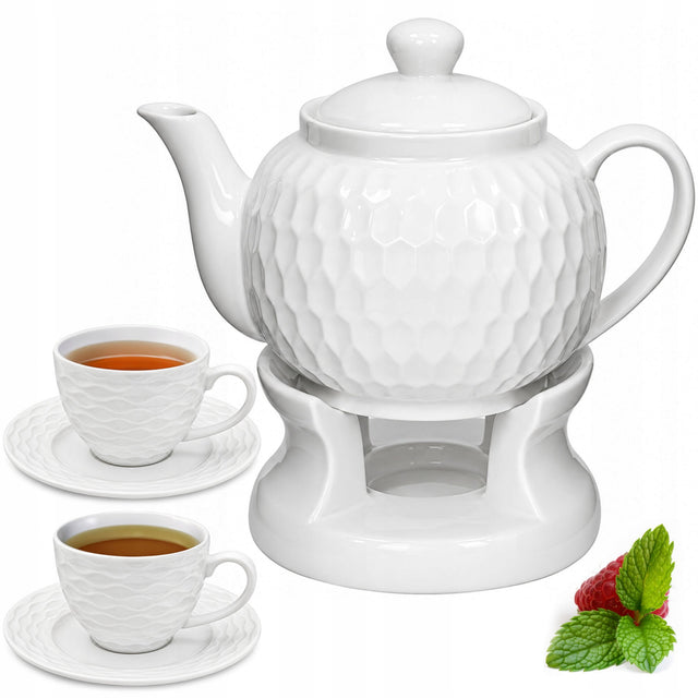 Komplet Dzbanek z Podgrzewaczem 900ml + Filiżanki 240ml Porcelana Zestaw imbryk do herbaty, czajniczek, 2 spodki, biały, można myć w zmywarce